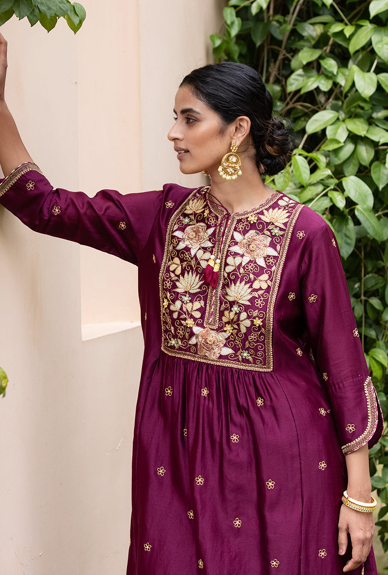 Wine Applique Pleated Yoke Baano Kurta Set