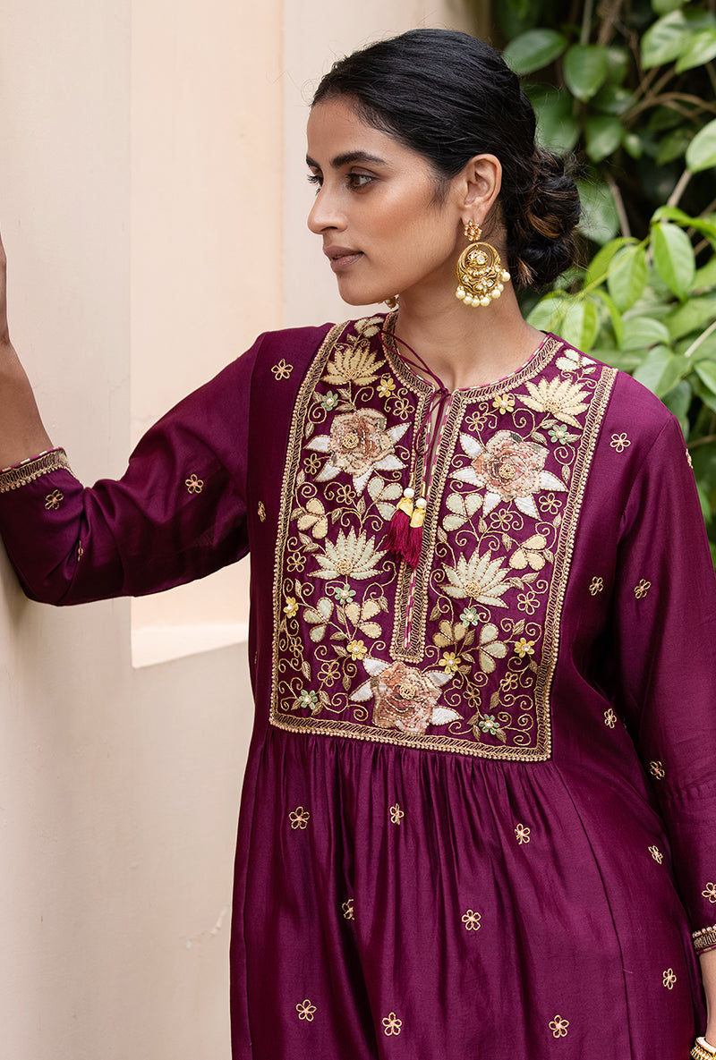 Wine Applique Pleated Yoke Baano Kurta Set