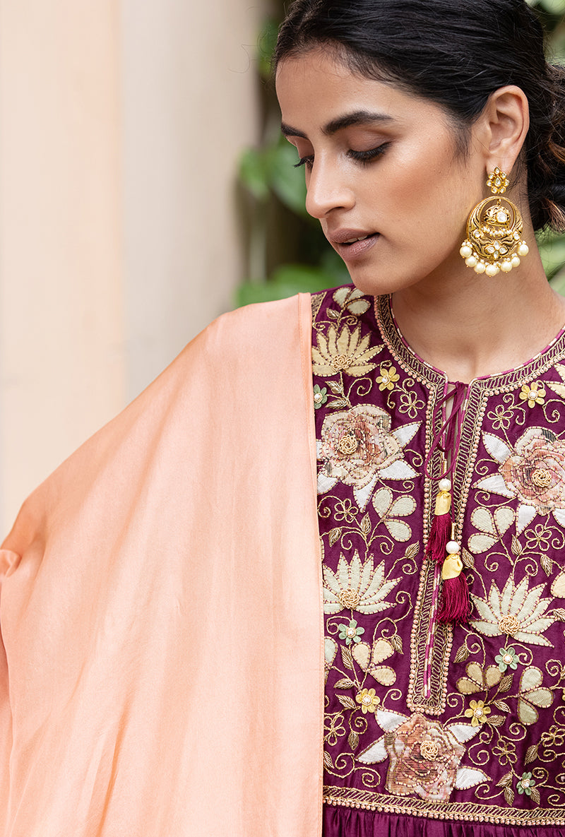 Wine Applique Pleated Yoke Baano Kurta Set