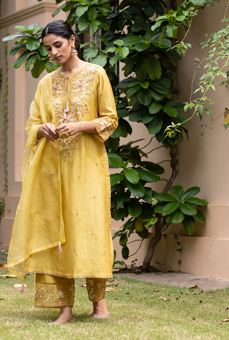 Yellow Applique Heavy  Baano Kurta Set