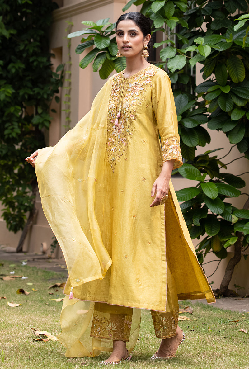 Yellow Applique Heavy  Baano Kurta Set