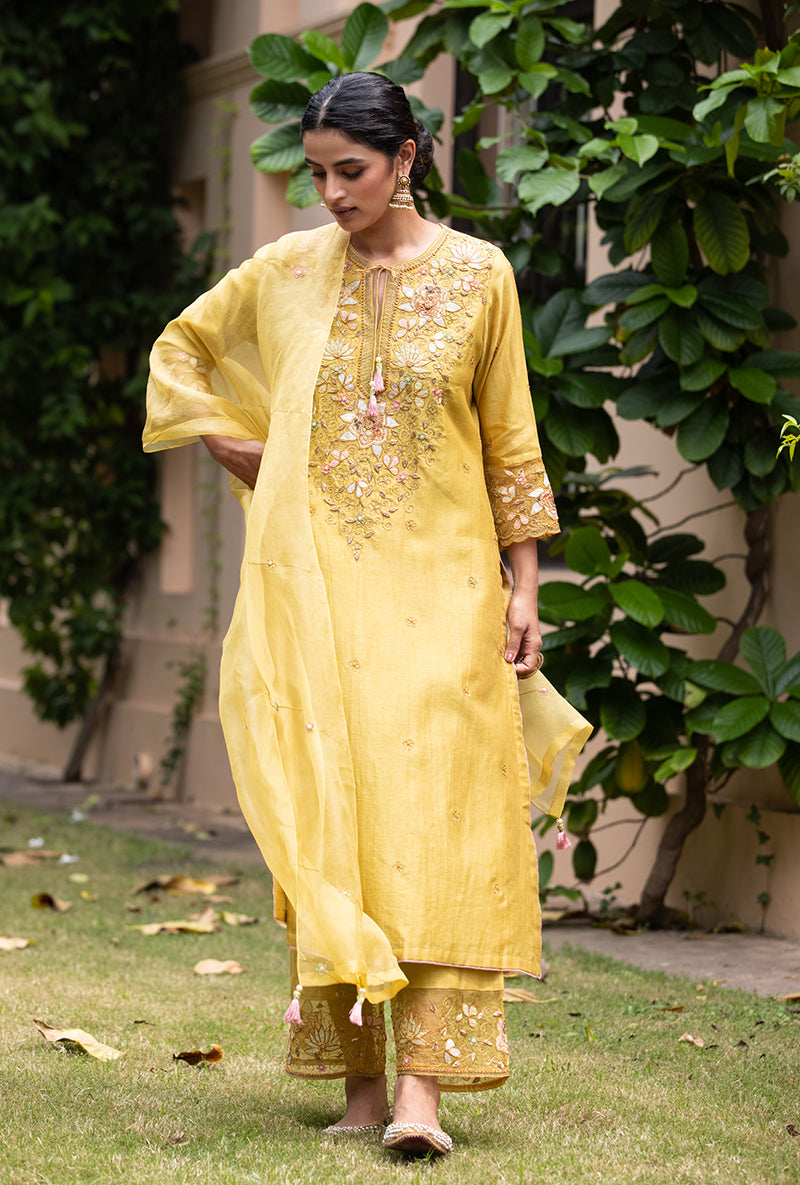Yellow Applique Heavy  Baano Kurta Set