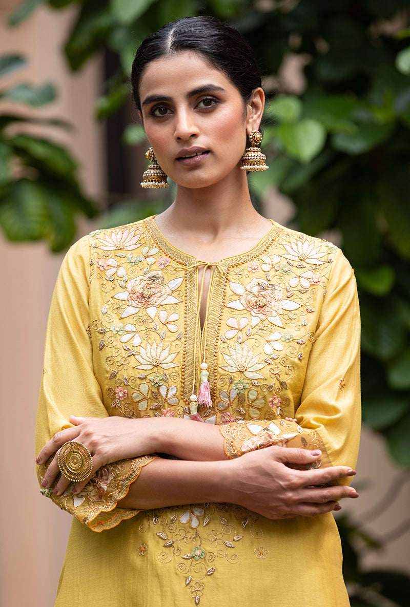 Yellow Applique Heavy  Baano Kurta Set