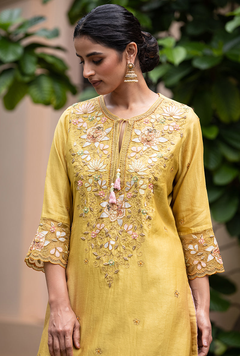 Yellow Applique Heavy  Baano Kurta Set