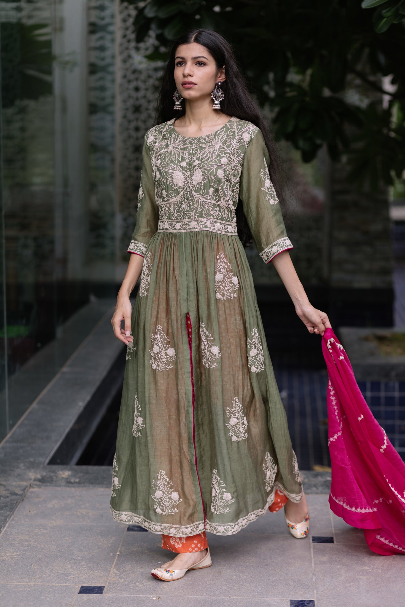 Green Bandhej Rang Kurta Set